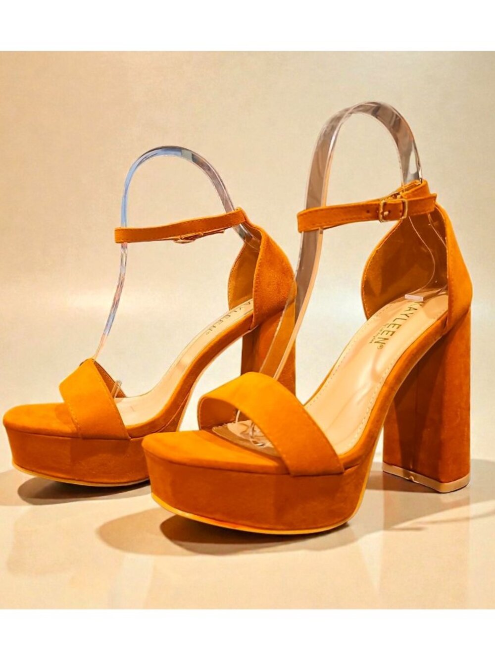 Block Heel Ankle Strap Open Toe Platform Sandals In Vibrant Camel Faux Suede